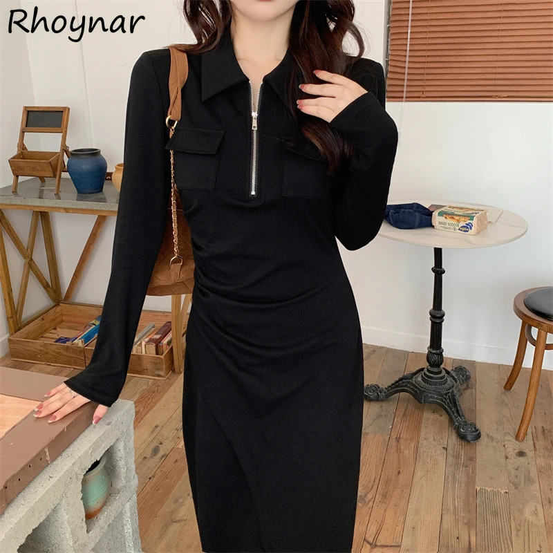 

Long Sleeve Black Dresses Women Slim Hip Wrap Shirring Side-slit Spring Autumn Vestidos Vintage Age-reducing Daily Elegant Mujer