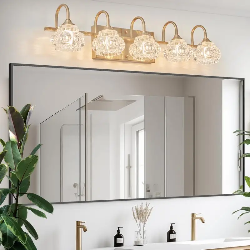 Modern Crystal 5-Light Bathroom Vanity Light, Golden Wall Sconce with Clear Glass Shade, Elegant Wall Mount Lighting for