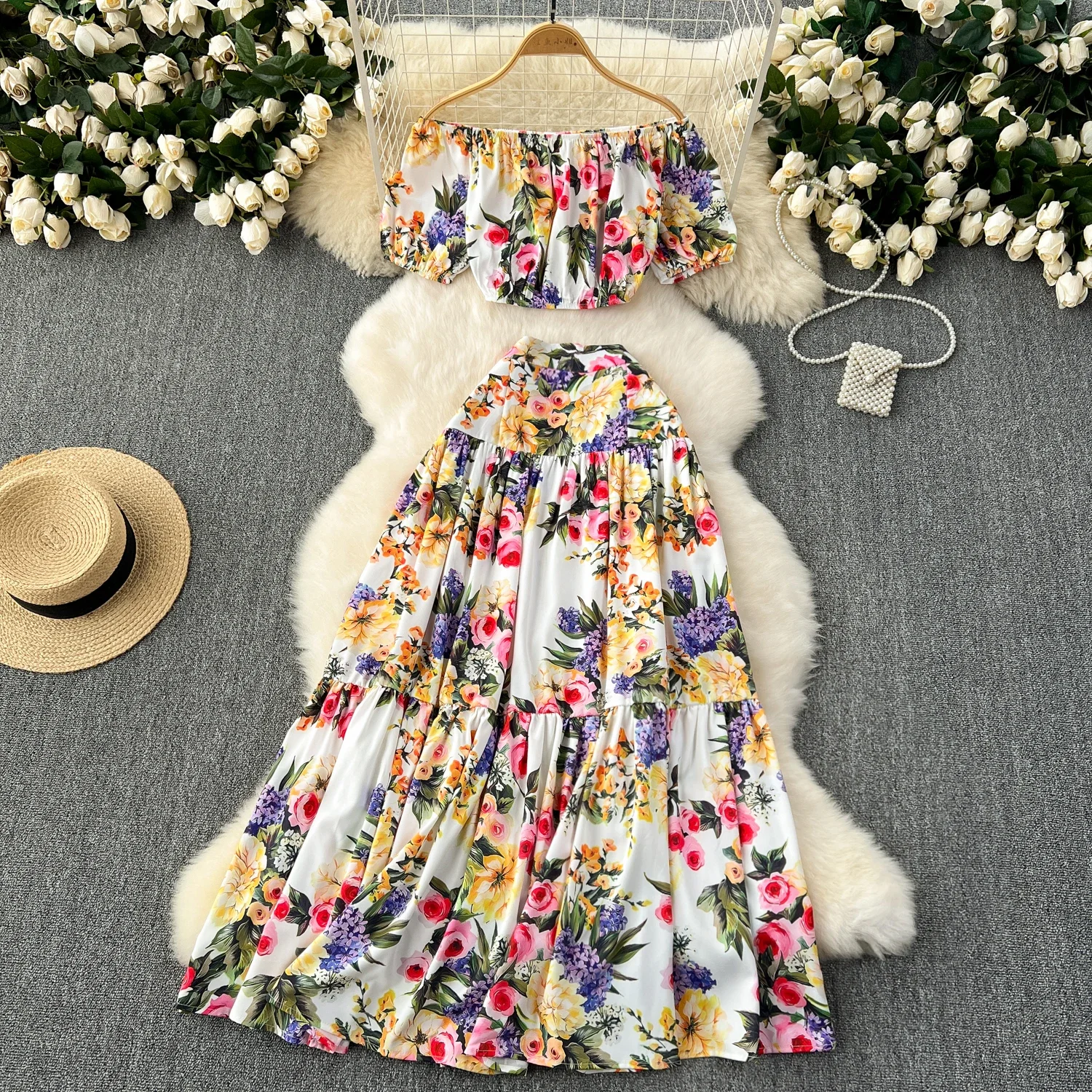 

Summer New Women Floral Sets Off Shoulder Tank Tops+Zipper Design Print Long Skirt Vacation Beach Two Pieces Suits