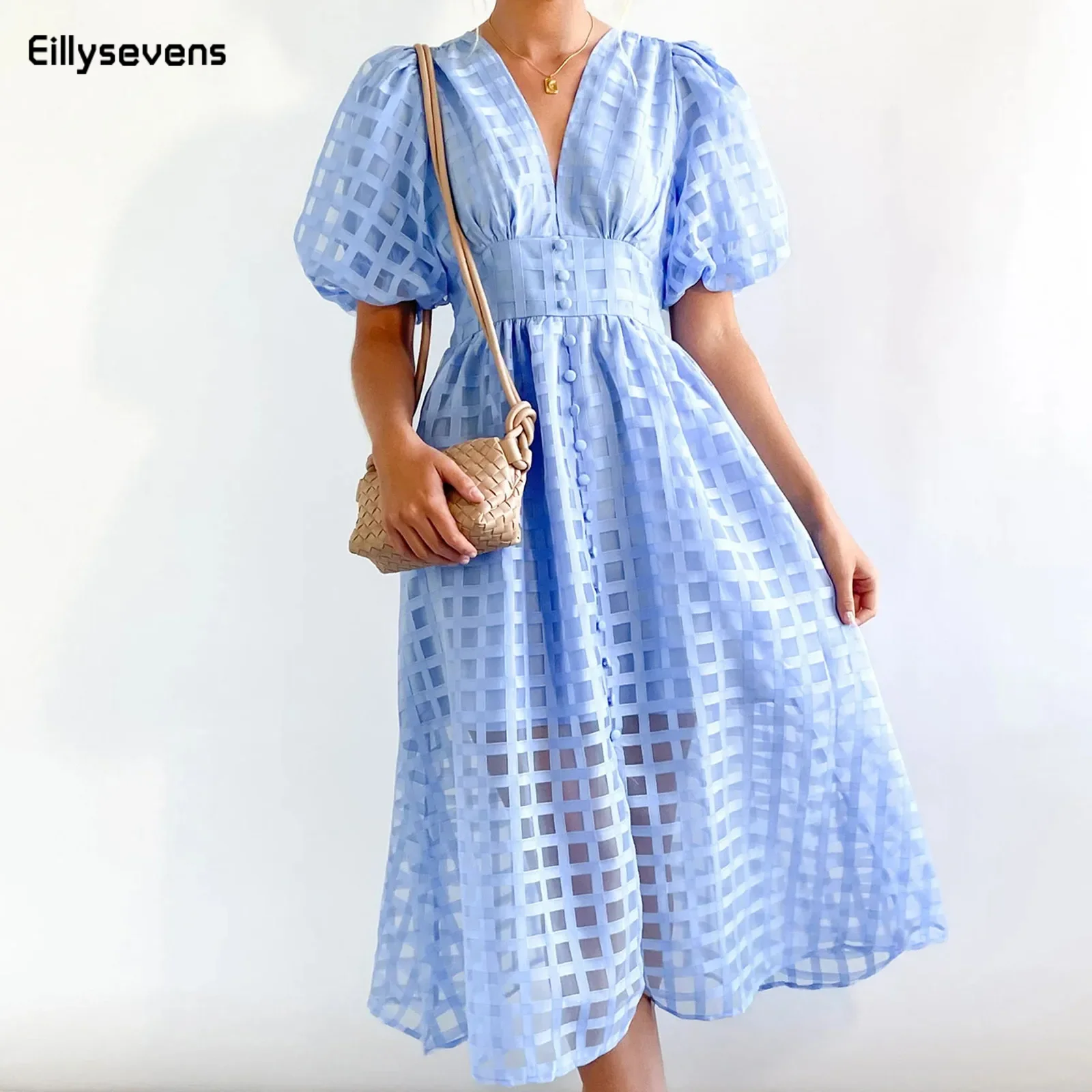 

2024 New Party Dress European American Fashion V-Neck Lantern Sleeve Dress Spring Summer Organza Ins Style Casual Party Dress