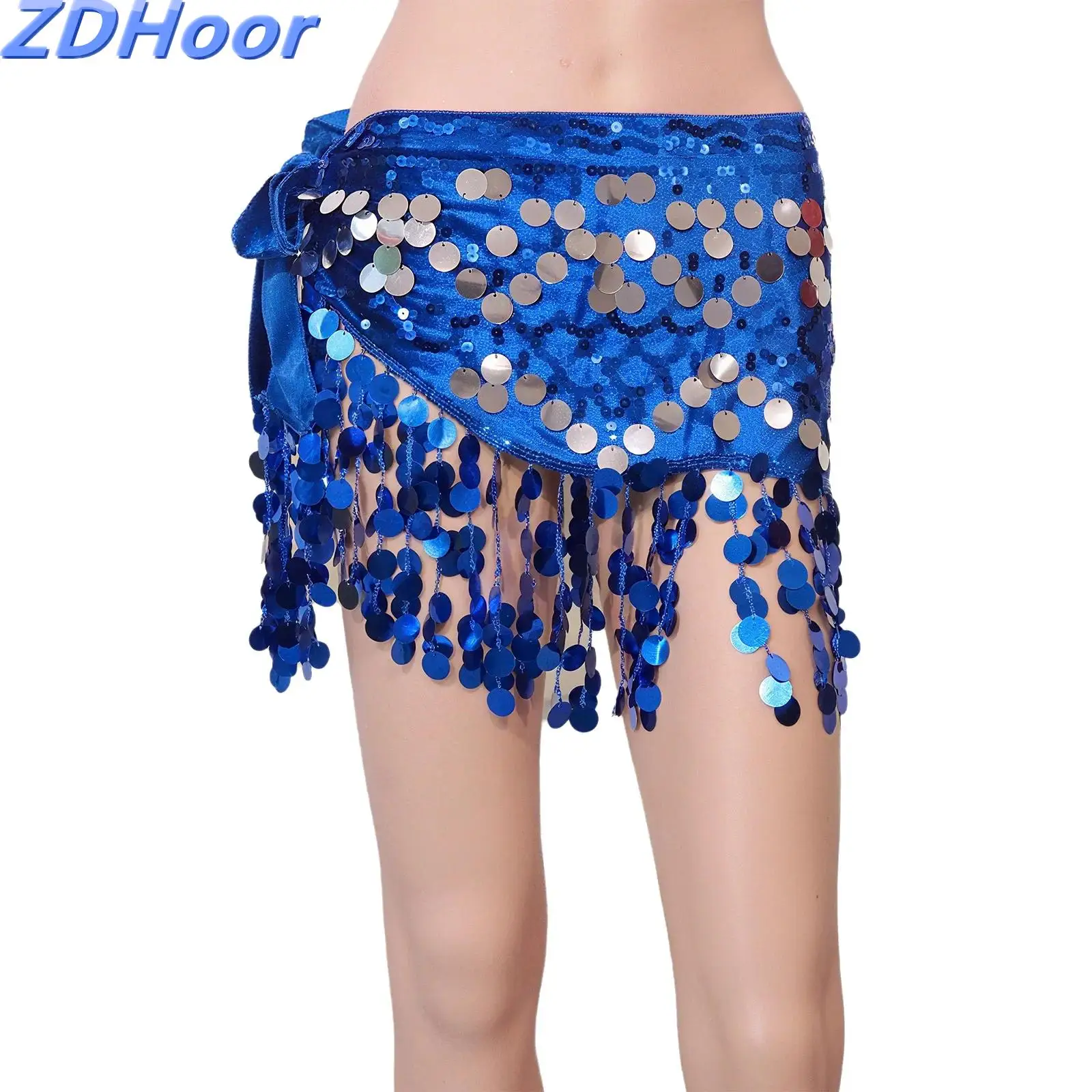 

Womens Sequins Belly Dance Skirt Hip Scarf Round Tassel Lace-up Waist Skirt Hip Wrap Dancewear for Stage Performance Dancing