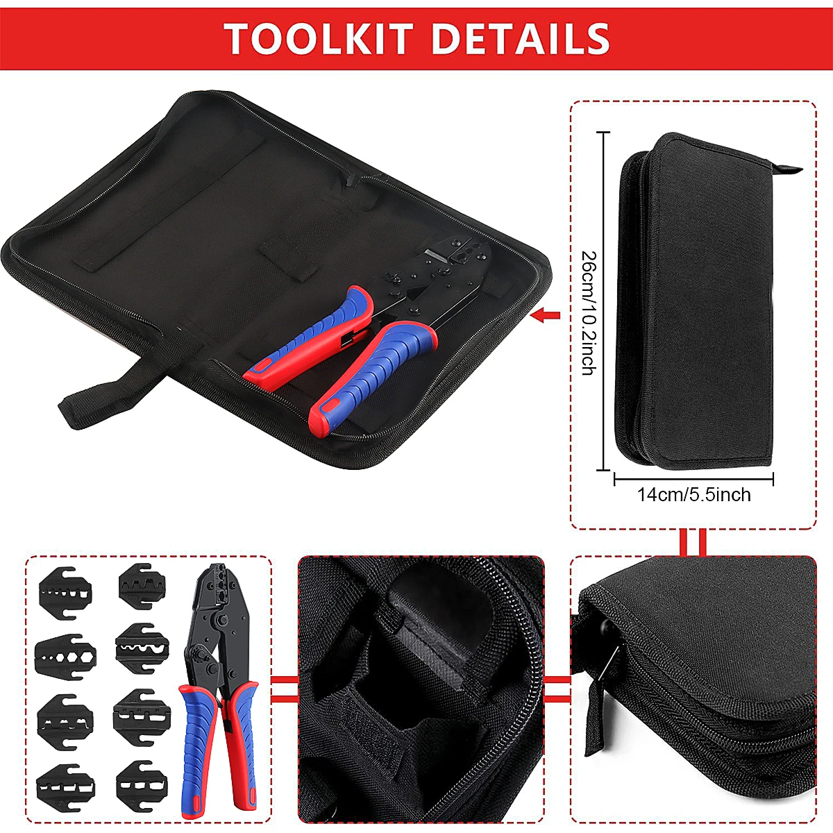 Crimping Tool VK-40J, Heat Shrink Crimping Tool Various Jaws for Ferrule Wire End,Open Barrel,Insulated and PV Conncetors