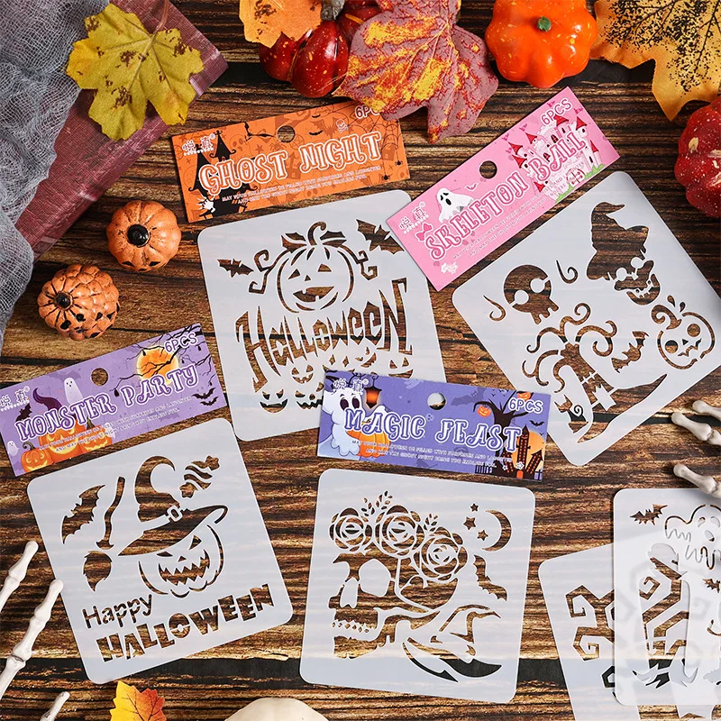 

6pcs/set Halloween Theme Painting Templates Horror Pumpkin Ghost Skull Hollow Painting Stencil Album Decorative Template For Kid
