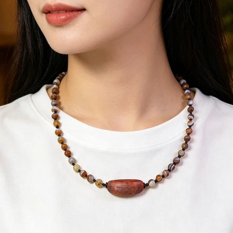Tibetan natural genuine old mine raw stone agate fire offering lightning five-eyed dzi bead clavicle necklace 16*39mm