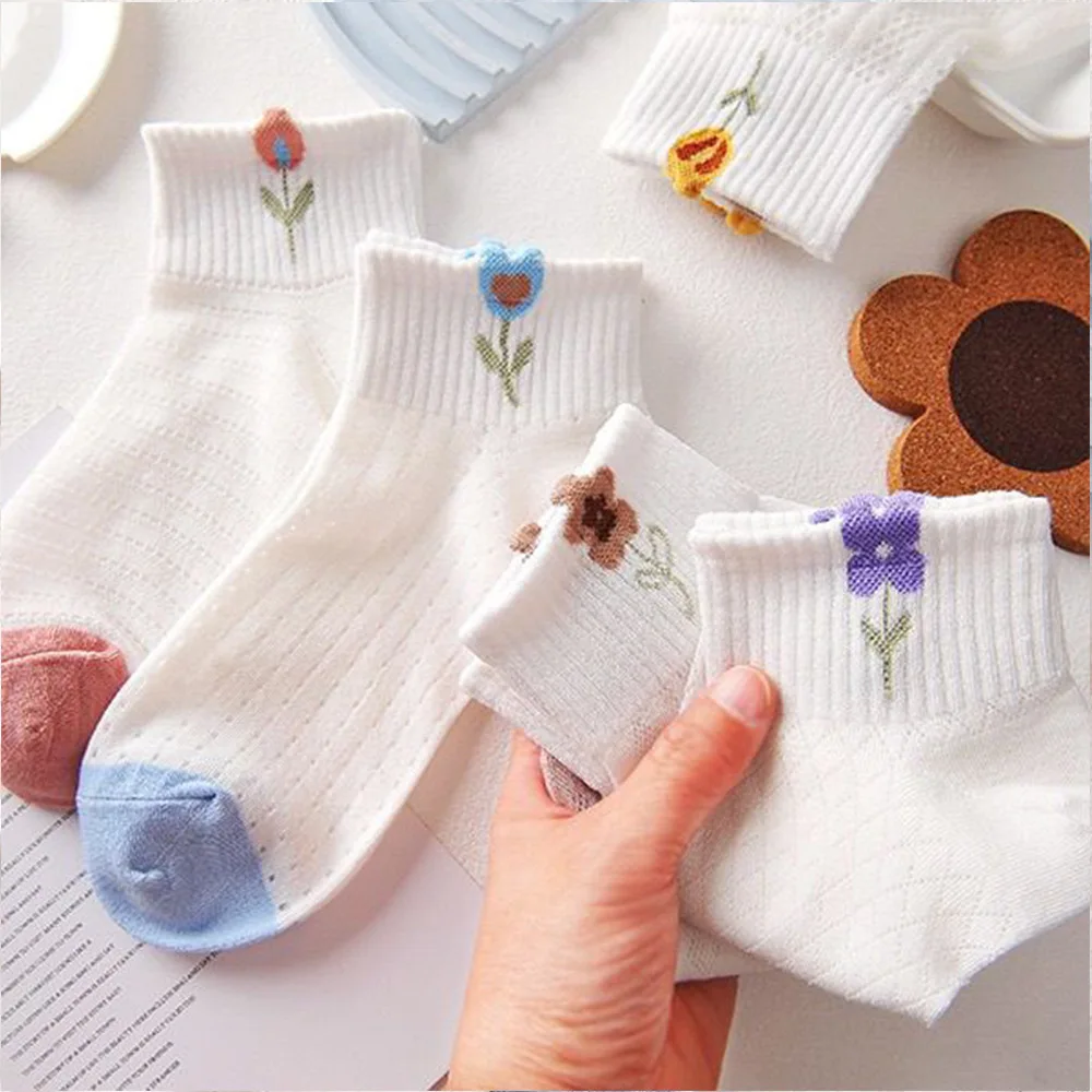 5/10 Pairs Women Flower Patterned Knitted Short Socks Summer Lightweight Sweat Absorption Breathable Sweet Style Casual Socks