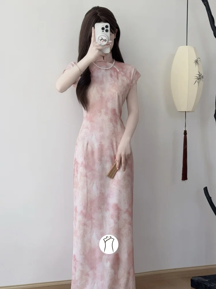 

Розовое летнее платье Dr Long Engagement Ele в китайском стиле, дышащее, легкое, с цветочным принтом, с коротким рукавом