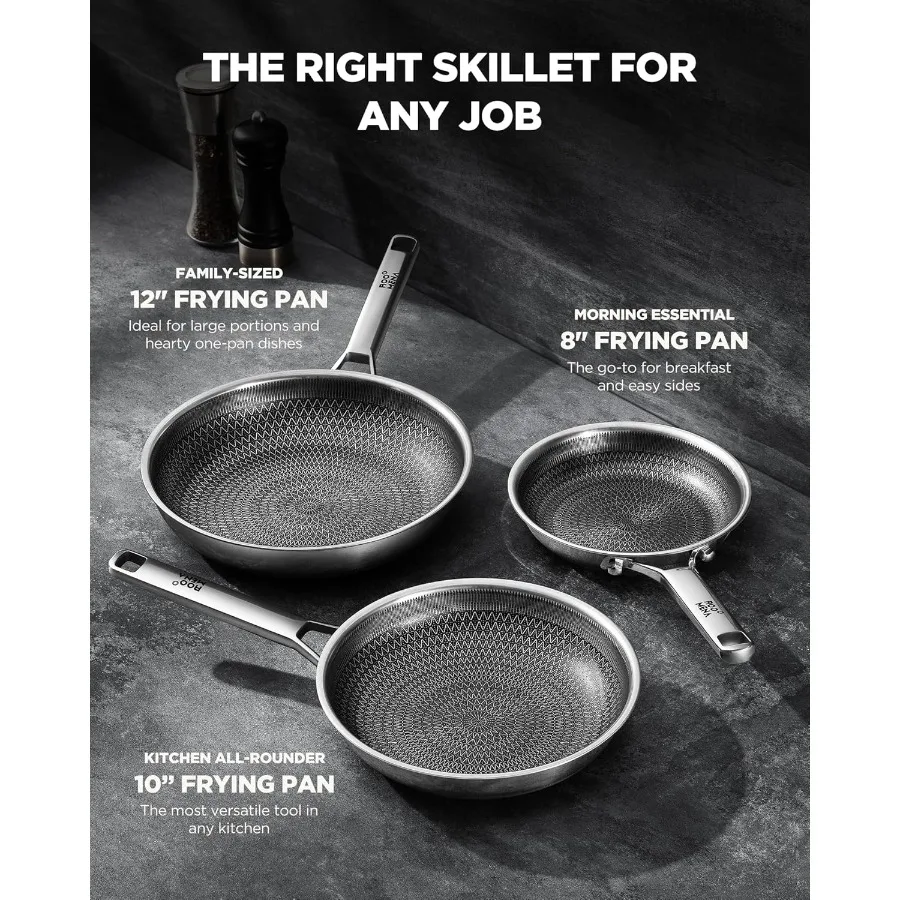 Nonstick Frying Pan Set NonToxic TriPly Hybrid Ceramic Skillet 3 Piece 8 10 and 12 Inch Stainless Steel Pans PFAS PFOA PTFE Fre