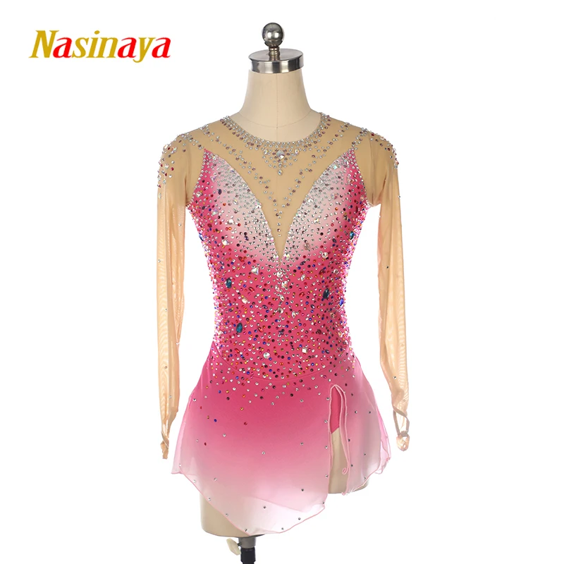 Customized women's competition dress for figure skating performance, long sleeved multi diamond pink gradient