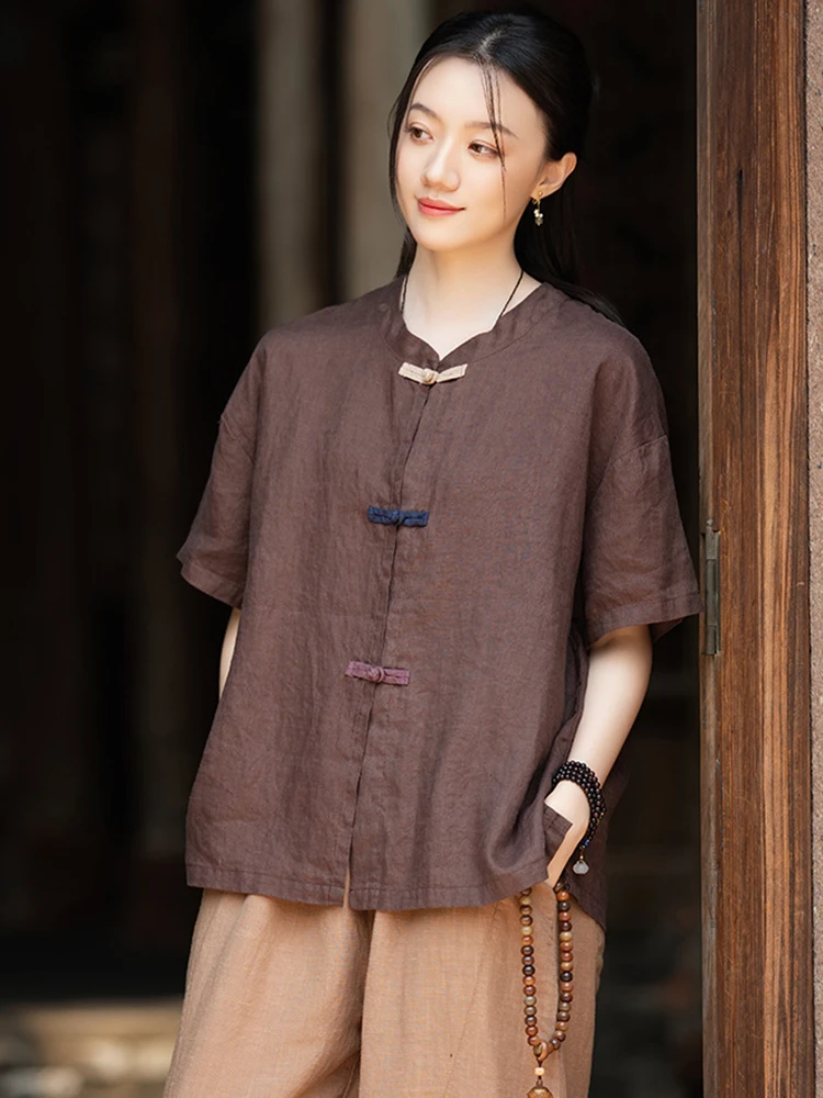 Style chinois femmes coton lin chemise décontractée nouveauté 2025 été Vintage col montant femme à manches courtes hauts chemises M1643