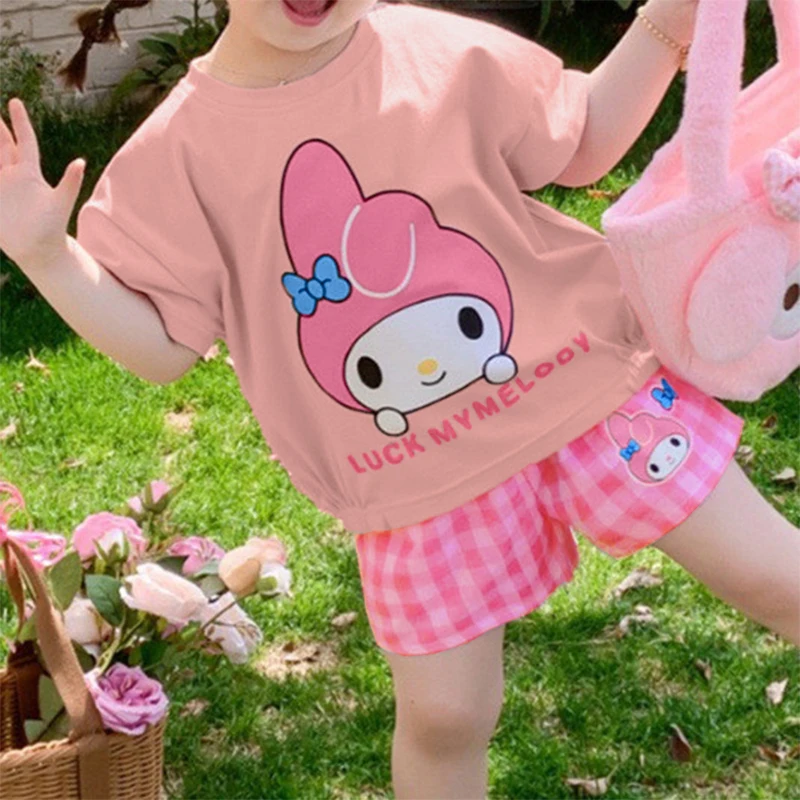 Sanrio Cartoon T-shirt Shorts Female Casual Baby Cute Suit Printed Top Plaid Shorts 2-piece Set Summer New Loose Suit