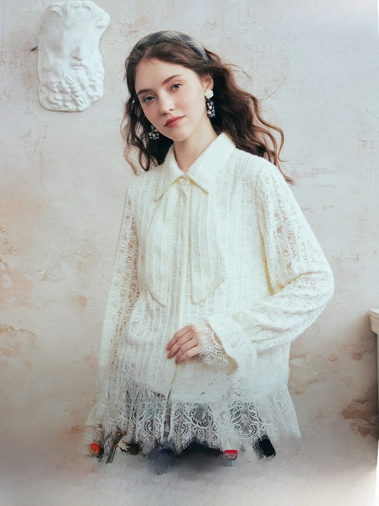 

Ретро-платье с длинным рукавом, кружевное, ажурное, свободного кроя, дышащее, комфортное, «тихие облака», весенняя новинка