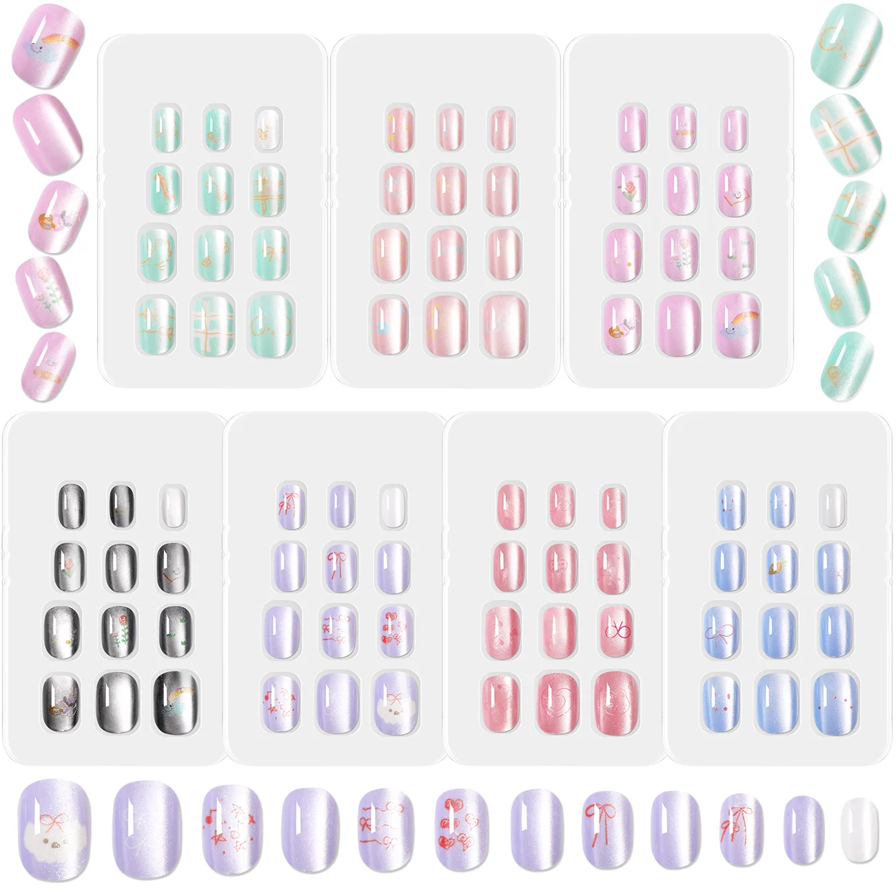 168pcs Kid False Nail Tips Cat eye Design for Children Full Cover Kid Glue Self Fake Nail Art for Girls Manicure Tips