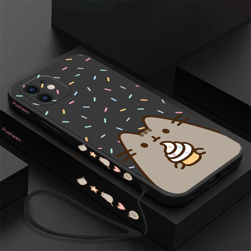 Cute Pusheen Cat Phone Case For iPhone 15 14 13 12 11 Pro Max Mini X XR XS MAX SE20 8 7 Plus Silicone Cases with Hand Strap