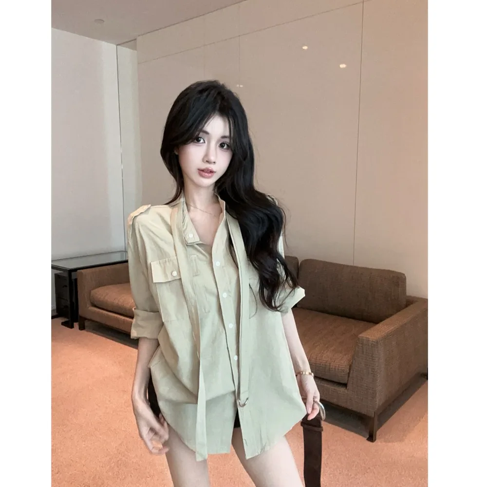 

2025 New Pure Desire Collar Long Sleeve Short Skirt Design Loose Slimming Sexy Girl Personality Belted Shirt Women's Fas...
