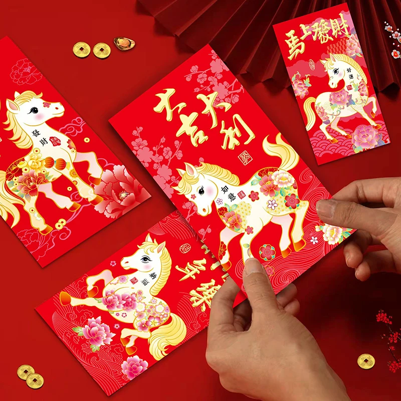 6Pcs Chinese New Year Money Envelope Lucky Red Pockets 2026 Horse Year Red Envelope Spring Festival Marriage Birthday Envelope
