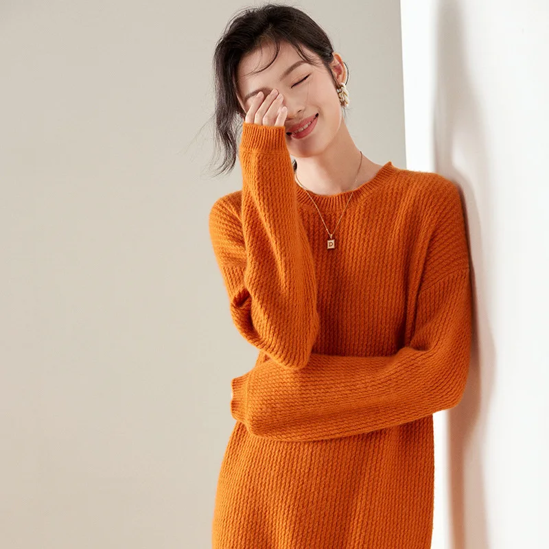 Birdtree 100% Wool 2023 Loose Knitted Dress Women's Mid length Thickened Korean Autumn/Winter Season New Woolen Dress D38512QC