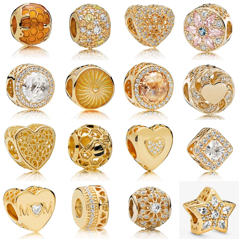 

New 925 Sterling Silver Sparkling Leveled Hearts Charm Fit pandora Bracelet Golden Mix Pavé Charm BeadDIY Jewelry