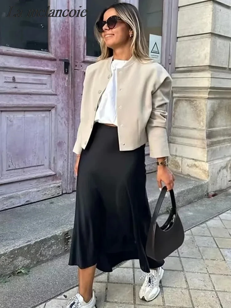 

Satin Skirts for Women Black Elegant Long Skirts Summer 2024 New Chic Casual Fashion A-Line Office Ladies Midi Skirts Female