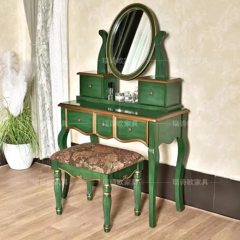 Solid Wood Dressing Table with Storage Chest Bedroom Vanity Desk Integrated Makeup Mirror Emerald Green Finish