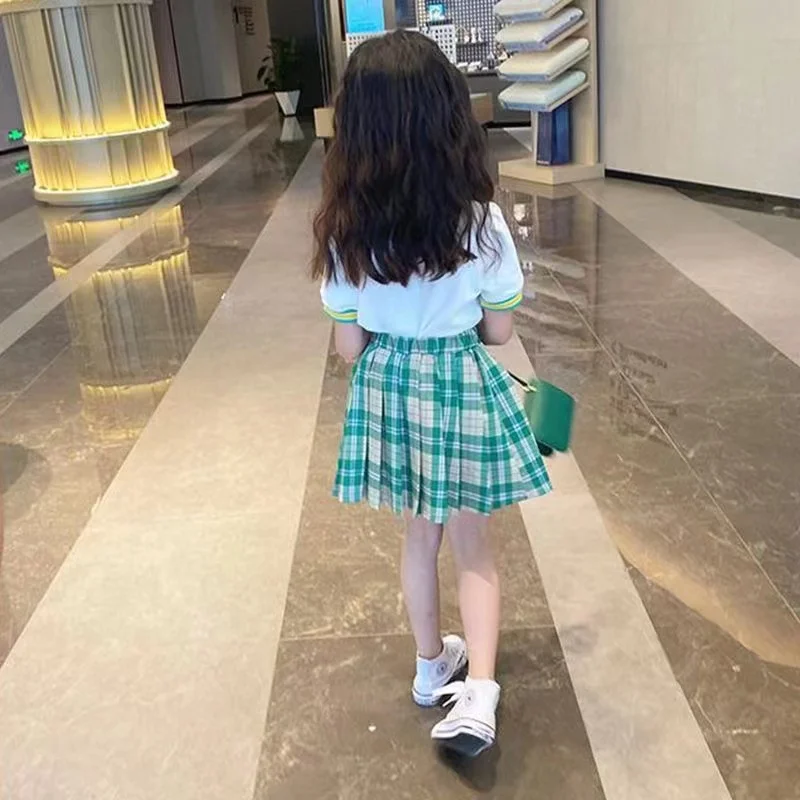 Girls Academy Style Pleated Skirt Set For Summer 2024 New Children's Checkered Two-piece Set For Little Girls With Short Sleeves