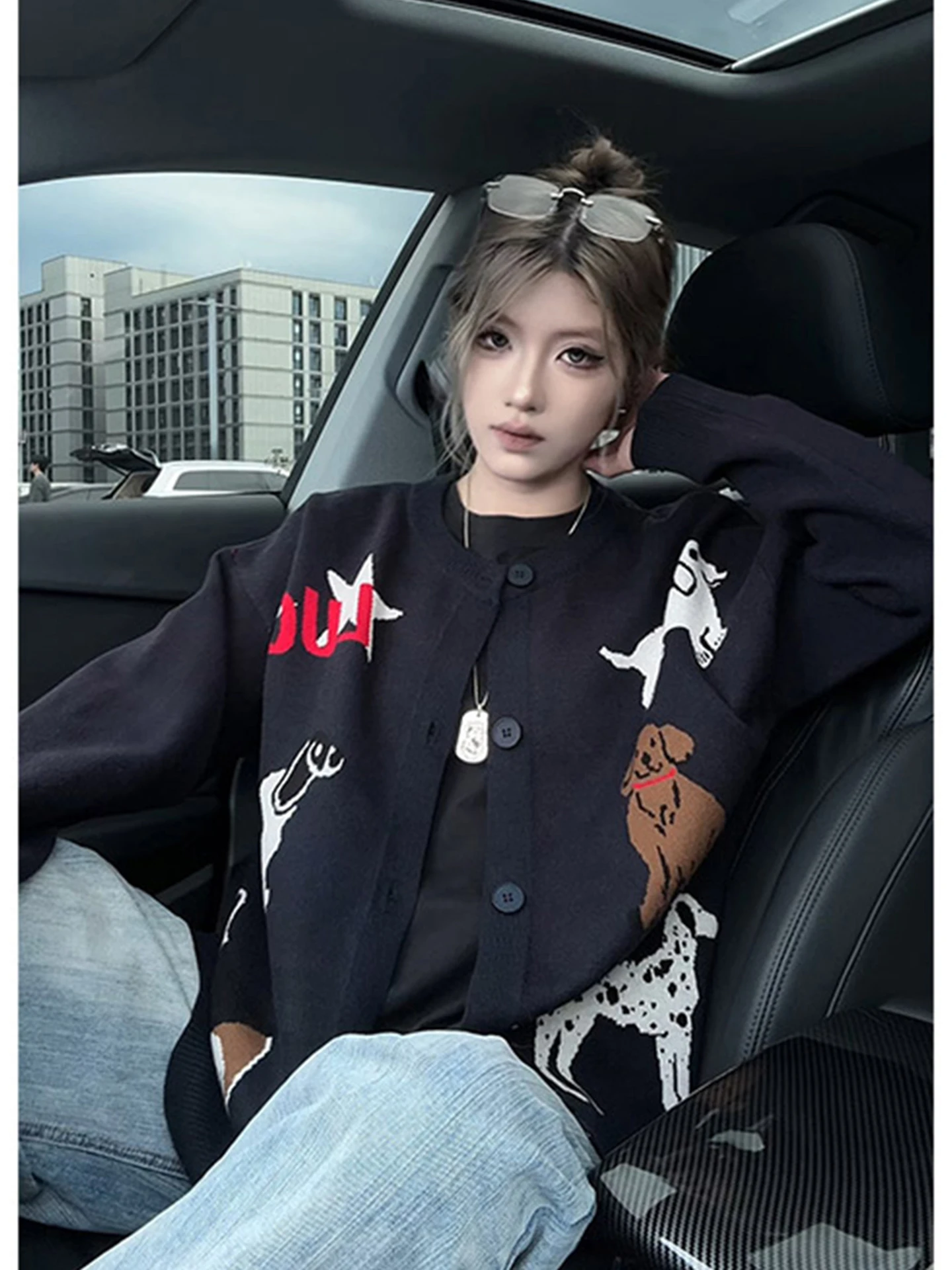 

American Retro Fun Dog Knitwear Open Cardigan Long Sve Sweater Couple Jaet Men Women Autumn Lazy Sle Casual Knitted Coat