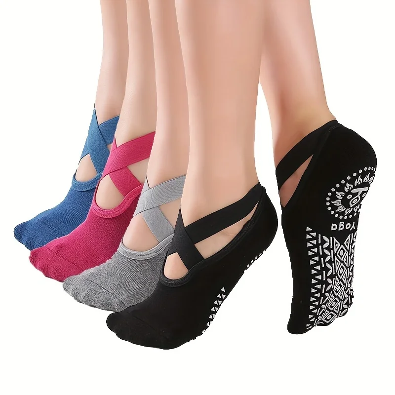 4 Pairs X-cross Yoga Socks for Women with Grips, Non-Slip Socks for Pilates, Barre, Ballet, Fitness