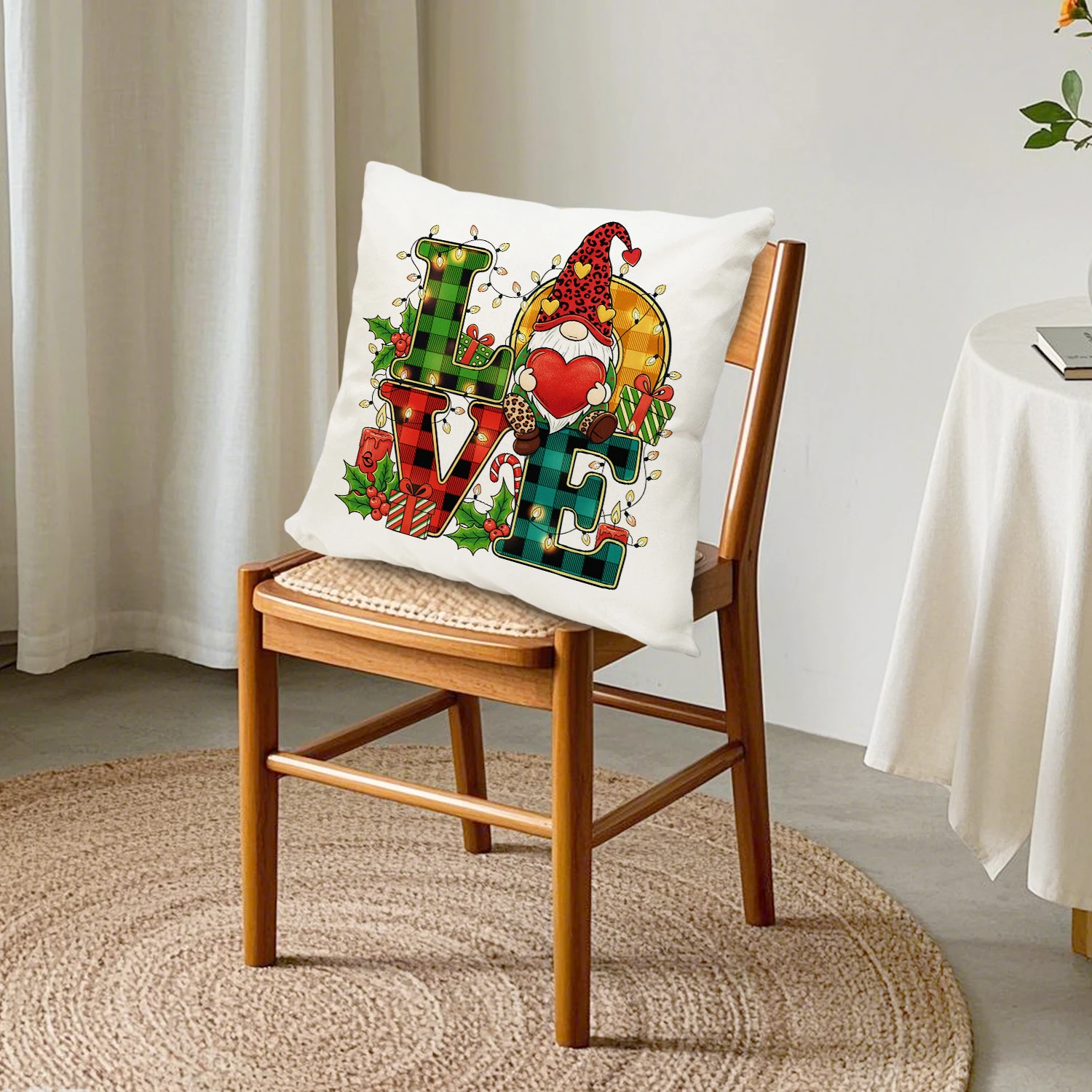 Christmas Gnomes Love Linen Throw Cushion Cover Holiday Farmhouse Pillow Case for Accent Chair Sofa Couch, Bedroom Home Decor