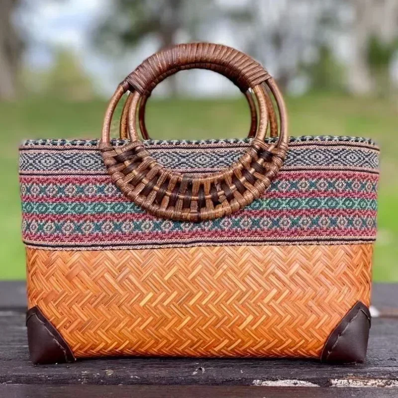 

Retro Japanese Handmade Bamboo Woven Bag Mini Woven Female Bag Literary Youth Storage Handbag Rattan Beach Tote Vintage Handbag