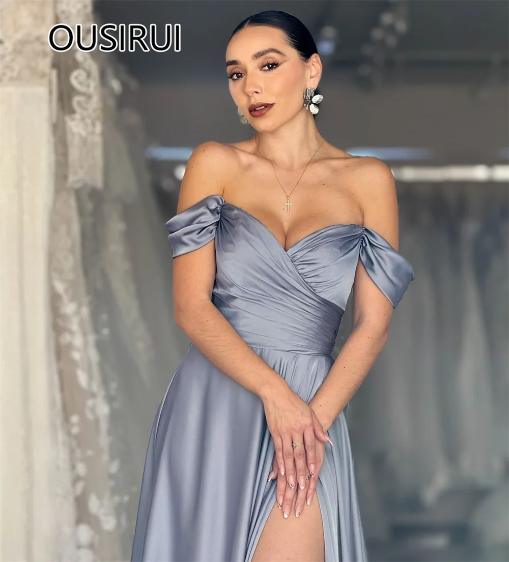 Simple Saudi Evening Dress Arab Off-Shoulder Satin Pleated A-line Pleated Side Silt Sweep Court Evening Bridal Gown Custom Made