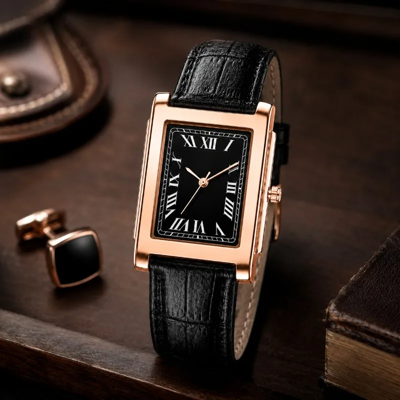 Classic Business Men Watch Square Roman Numeral Dial Leather Belt Analog Male Quartz Wristwatch Elegant Dress Watches for Man