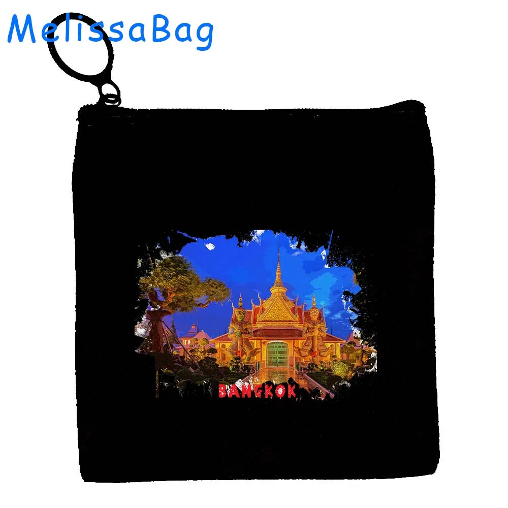 Bolso pequeño con cremallera para llaves, bolsa de lona con pintura de tinta de acuarela de Bangkok, Tailandia, Hanói, Vietnam, Havana, Cuba, regalo