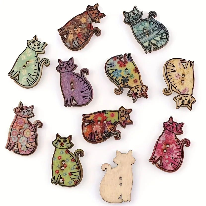 Cartoon cat wooden button Kitten Wooden button animal Wooden button 25pieces/pack