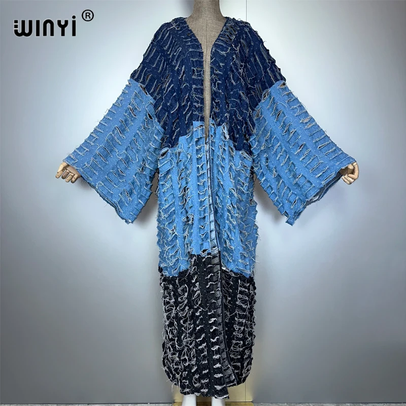 WINYI Kimono Colour Matching Denim Cardigan Maxi Dress Beach Wear Cover-Up Abaya Dubai Luxury Beach Outfits for Women Kaftan