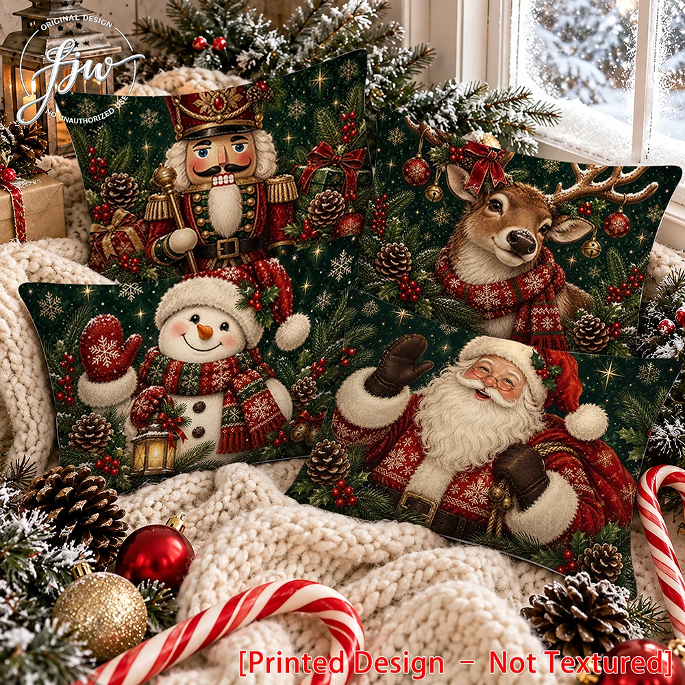 4pc Christmas Throw Pillow Covers , Vintage Santa Snowman Reindeer Nutcracker Holiday Decorative Cushion Cases for Sofa Couch