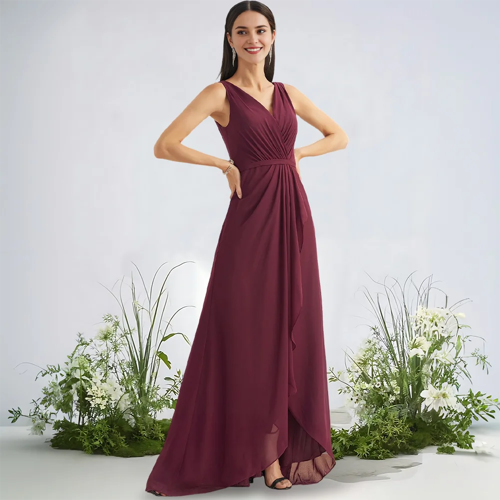 

Beautiful A-line V-Neck Asymmetrical Chiffon Bridesmaid Dress Wedding Guest Dresses with Leg Slit Elegant Party Dress for Women