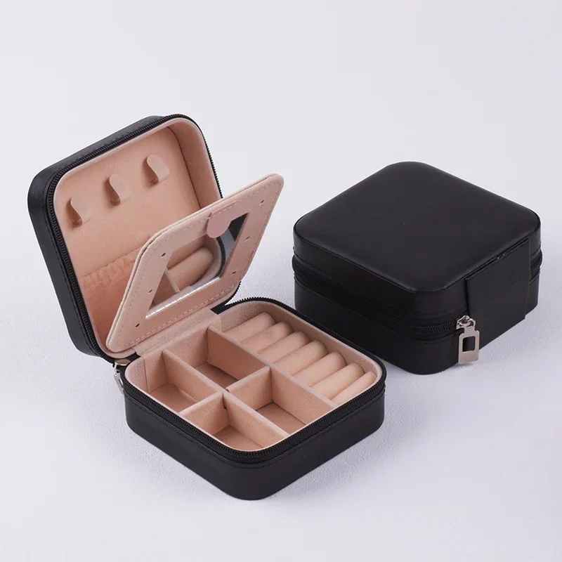 Reise Schmuck Fall Mit Spiegel Halskette Ohrringe Ring Organizer Display Boxen Pu Leder Zipper Schmuck Lagerung Box Tragbare