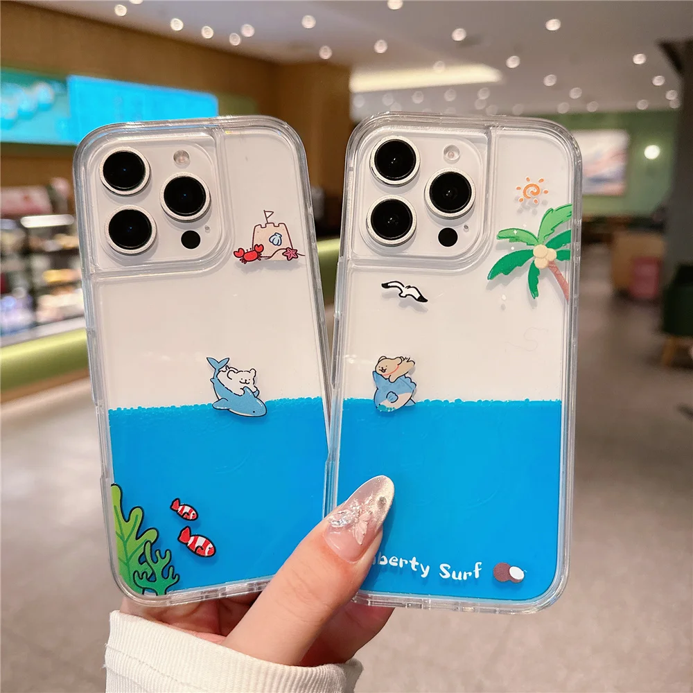 for IPhone 16 15 14 13 12 Pro Max Quicksand Covers Cartoon 3D Surfing Dog Dynamic Liquid Case For iPhone 12 13mini 14plus 15plus