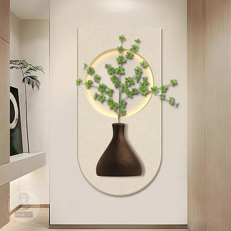 Cream style entrance hall decoration painting, living room corridor corridor, green plant painting, high-end mural lamp