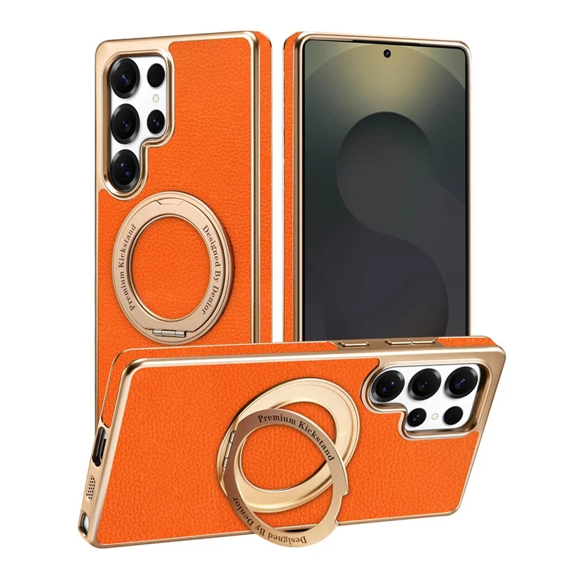 

Роскошный кожаный чехол с гладким дизайном для Samsung Galaxy S25 S24 Ultra, вращающийся на 360, металлический магнитный держатель для телефона, противоударная задняя крышка