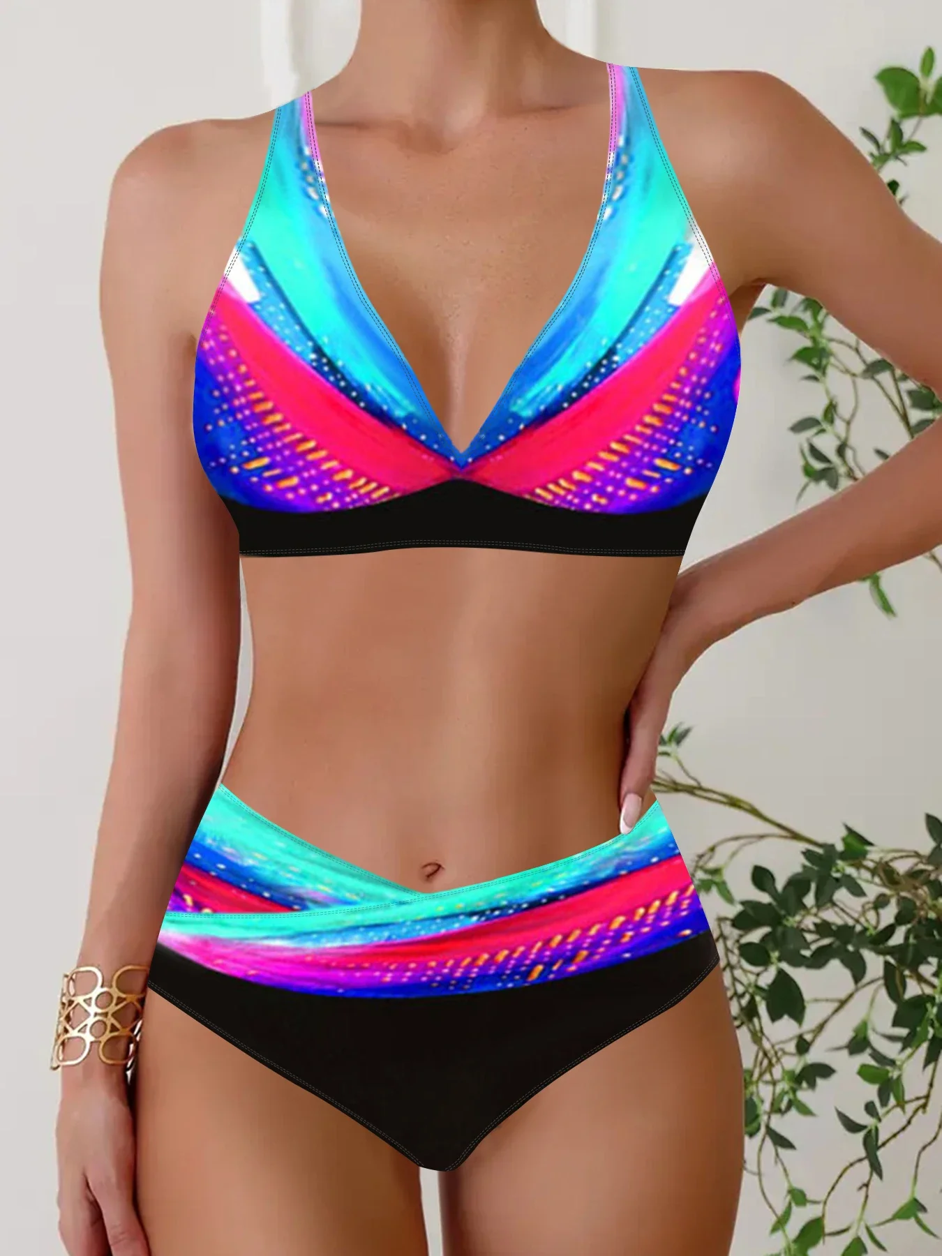 

High-quality Summer Fashion Women's Swimsuits Vacation Leisure L Color Swoosh Print Beach Top Shorts Two-piece Set S-5XL