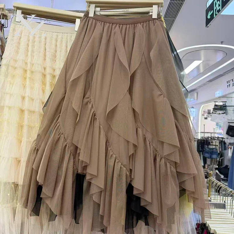 Elegant Petal Fine Mesh Half Skirt Women Spring Summer Irregular Long Fairy mid Length Korean Style High Waist Elastic