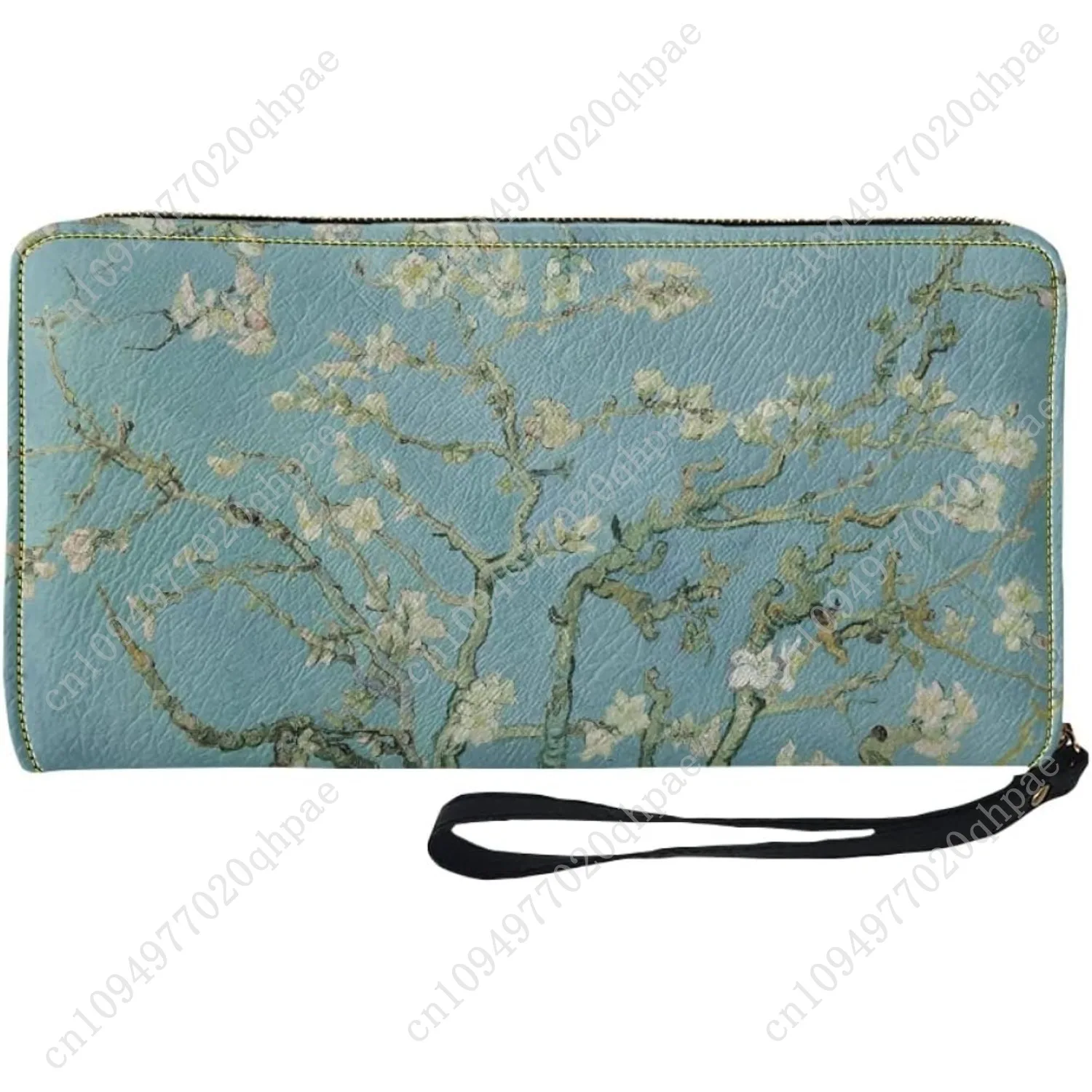 KIDVOVOU Women Van Gogh Rfid Blocking Credit Card Wallet Zipper PU Leather Long Purse Wristle Clutch Wallets,Almond Blossom