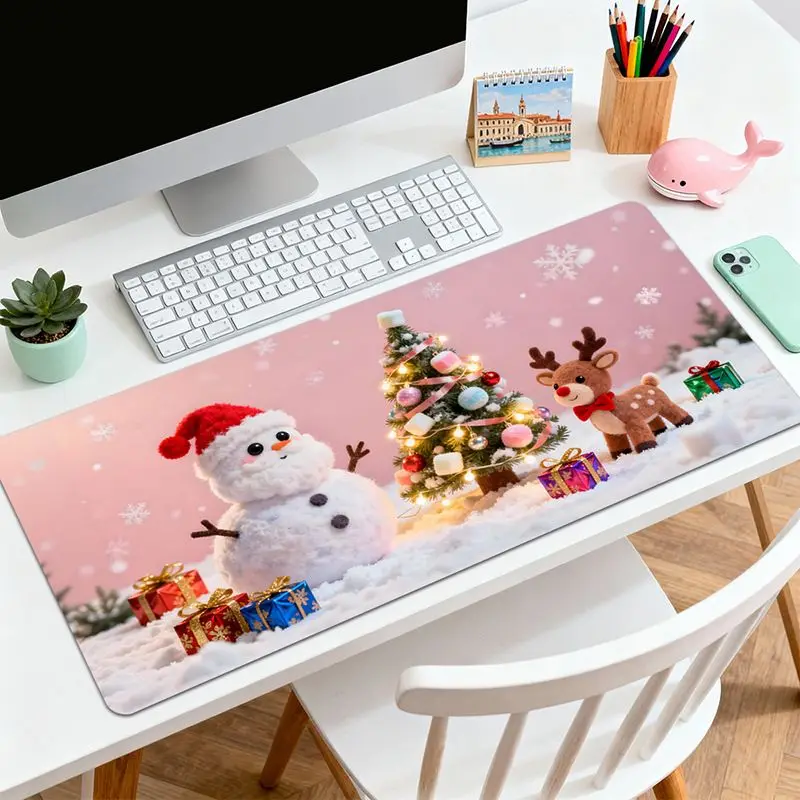 VIKAMA Pink Snowman Reindeer Gifts Desk Mat Mouse Pad Absorbent Machine Washable Study Instrument Station Mat Home Decor