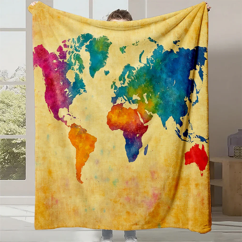 1pc, Van Gogh Starry Sky Watercolor World Map Printed Flannel Blanket, High-Density Flannel Blanket, Skin-Friendly Warm Blanket