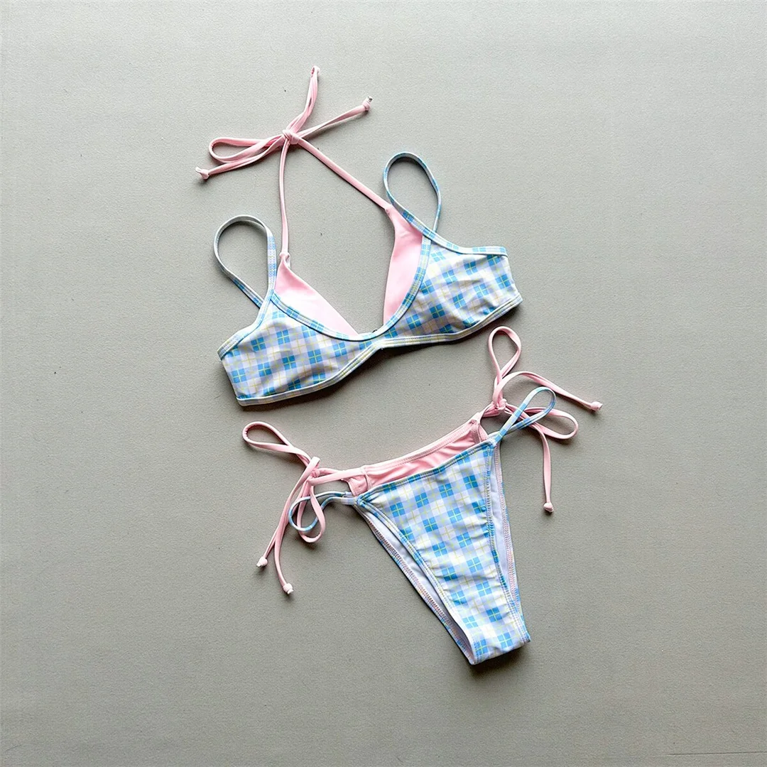 Sexy Polka Dot Plaid Neckholder-Bikini, Damen-Badeanzug, zweiteiliger Bikini-Set, Badeanzug mit Splicing-Design, Badebekleidung, Schwimmanzug V8027 – Detail 12
