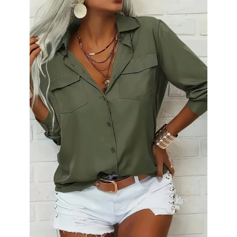 Camisa de manga larga informal de un solo pecho de Color sólido con solapa a la moda para mujer de talla grande 1XL-5XL