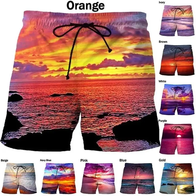 Seaside Sunset Sunrise Scence Beach Shorts Men 3D Print Board Shorts Swimsuit 2023 Hawaiian Bermuda Swim Trunks Cool Short Pants