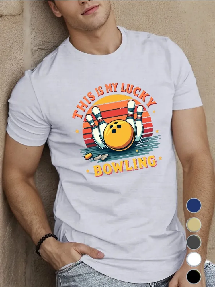 Royal Blue Mens Crew Neck Cotton T Shirt This Is My Lucky Bowling Retro Sunset Ball Pins Graphic Sport Short Sleeve Casual Tees