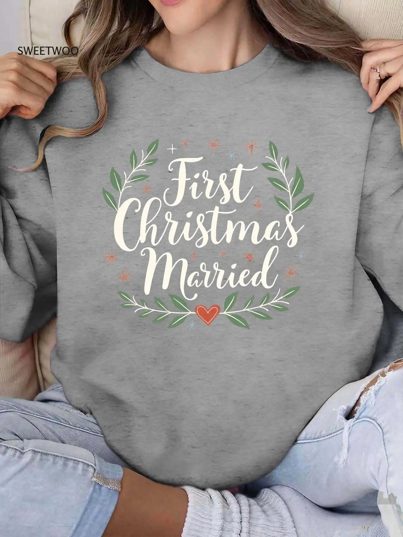 

Women's First Christmas Married Script Sweatshirt - Red Crewneck Pullover with Wedding Ring & Heart Design