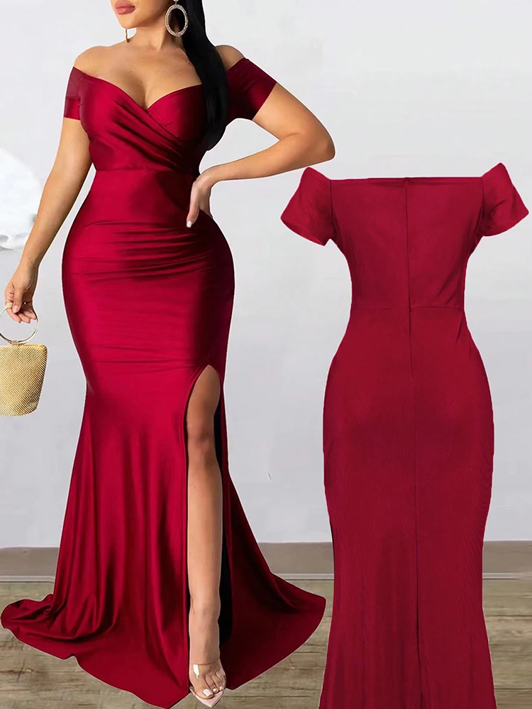 فستان سهرة كلاسيكي بفتحة عالية للنساء فساتين طويلة ماكسي متينة بأكمام فساتين حفلات الزفاف الأنيقة 2025 امرأة